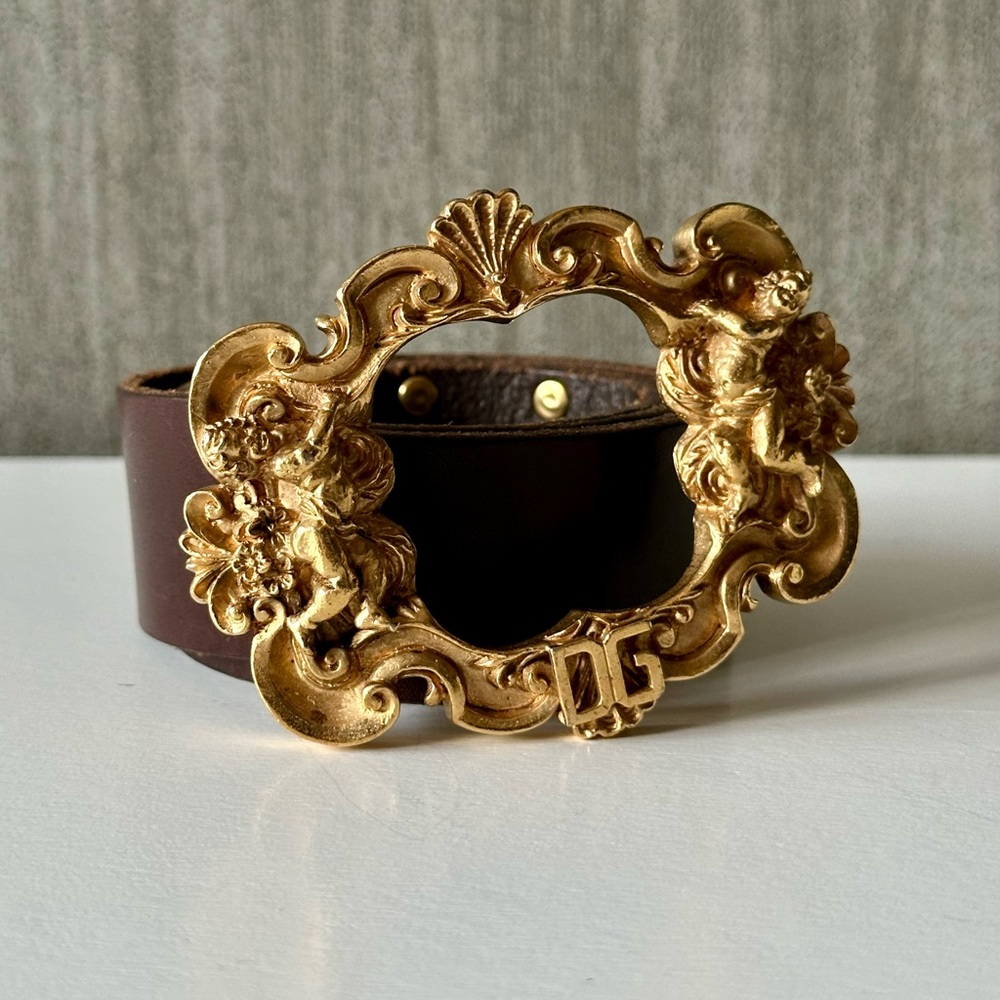 Vintage Dolce & Gabbana Angel x DG Buckle Leather Belt Brown Gold 36 IN / 90CM